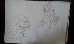 Size: 2560x1536 | Tagged: safe, artist:peternators, imported from derpibooru, oc, oc:comet, oc:heroic armour, classical unicorn, fox, pony, unicorn, bandage, cape, clothes, cloven hooves, feather, fight, hat, leonine tail, levitation, magic, male, monochrome, non-mlp oc, red mage, shoes, sketch, telekinesis, traditional art, unshorn fetlocks, wizard