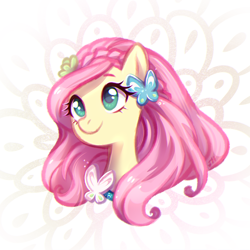 Size: 800x800 | Tagged: safe, artist:jumblehorse, deleted from derpibooru, imported from derpibooru, fluttershy, butterfly, pegasus, pony, alternate hairstyle, bust, cute, female, flower, flower in hair, looking away, looking up, mare, portrait, shyabetes, smiling, solo