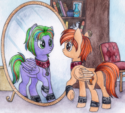 Size: 1256x1132 | Tagged: safe, artist:red-watercolor, imported from derpibooru, oc, oc only, oc:firetale, pegasus, pony, collar, female, illusion spell, leg strap, mare, mirror, reflection, solo