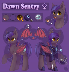 Size: 4568x4752 | Tagged: safe, artist:alphadesu, imported from derpibooru, oc, oc only, oc:dawn sentry, bat pony, pony, absurd resolution, armor, bat pony oc, bat wings, claws, cutie mark, female, hoof blades, hoof shoes, mare, metal claws, raised hoof, reference sheet, weapon