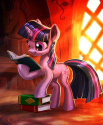 Size: 1481x1800 | Tagged: safe, artist:harwick, imported from derpibooru, twilight sparkle, pony, unicorn, book, cute, female, golden oaks library, mare, reading, scenery, smiling, solo, that pony sure does love books, twiabetes, twilight day, twilight sparkle day, unicorn twilight