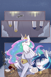 Size: 960x1440 | Tagged: safe, artist:cold-blooded-twilight, imported from derpibooru, princess celestia, shining armor, oc, oc:blazing saddles, alicorn, pony, unicorn, comic:cold storm, clothes, comic, crown, dialogue, hoof shoes, magic, peytral, regalia, robe, spread wings, unshorn fetlocks, wings