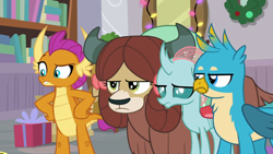 Size: 1280x720 | Tagged: safe, imported from derpibooru, screencap, gallus, ocellus, smolder, yona, the hearth's warming club, gallus is not amused, ocellus is not amused, smolder is not amused, unamused, yona is not amused