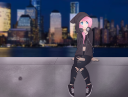 Size: 3297x2498 | Tagged: safe, artist:cinnamontee, imported from derpibooru, fluttershy, human, city, cityscape, clothes, female, hoodie, humanized, looking away, pants, scenery, sitting, solo