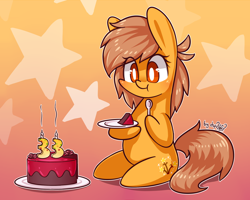 Size: 1920x1536 | Tagged: safe, artist:dsp2003, imported from derpibooru, oc, oc:meadow stargazer, earth pony, pony, bipedal, birthday cake, birthday candles, blushing, cake, chibi, eating, female, food, mare, plate, signature, spoon, stars, style emulation