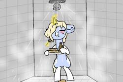 Size: 940x630 | Tagged: safe, artist:nootaz, imported from derpibooru, oc, oc only, oc:nootaz, pony, unicorn, bipedal, blushing, coat markings, eating, food, fork, hair over one eye, magic, pancakes, shower, socks (coat marking), socks (coat markings), solo, syrup