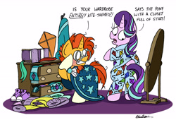 Size: 6303x4280 | Tagged: safe, artist:bobthedalek, imported from derpibooru, starlight glimmer, sunburst, pony, unicorn, absurd resolution, bathrobe, bipedal, blushing, clothes, coat markings, converse, dialogue, drawer, female, glasses, hypocritical humor, kite, male, mare, mirror, pajamas, panties, robe, scarf, shoes, signature, socks, socks (coat marking), socks (coat markings), stallion, striped socks, sweater, that pony sure does love kites, underwear