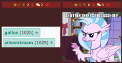 Size: 569x296 | Tagged: safe, edit, edited screencap, imported from derpibooru, screencap, gallus, silverstream, hippogriff, derpibooru, the hearth's warming club, image macro, juxtaposition, meme, meta, screenshots, vulgar