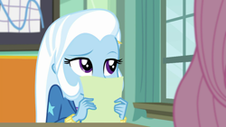 Size: 1280x720 | Tagged: safe, imported from derpibooru, screencap, fluttershy, trixie, a little birdie told me, equestria girls, equestria girls series, canterlot high, classroom, cute, desk, diatrixes, female, frustrated, hiding face, math test, offscreen character, paper