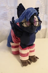 Size: 2592x1728 | Tagged: safe, artist:buttsnstuff, imported from derpibooru, oc, oc:neutrino burst, hippogriff, arm warmers, clothes, crossdressing, glasses, irl, photo, plushie, skirt, socks