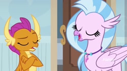 Size: 1920x1080 | Tagged: safe, imported from derpibooru, screencap, silverstream, smolder, classical hippogriff, dragon, hippogriff, the hearth's warming club, eyes closed