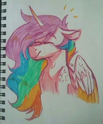 Size: 600x725 | Tagged: safe, artist:eggoat, artist:eggoatt, imported from derpibooru, princess celestia, alicorn, pony, colored wings, eyes closed, female, mare, smiling, solo, traditional art