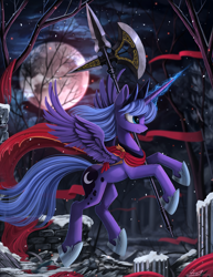 Size: 2104x2720 | Tagged: safe, artist:php58, artist:ponykillerx, artist:yakovlev-vad, imported from derpibooru, princess luna, alicorn, pony, badass, clothes, collaboration, female, glowing horn, halberd, magic, mare, moon, night, s1 luna, scarf, slim, smiling, snow, snowfall, solo, spread wings, warrior luna, weapon, wings