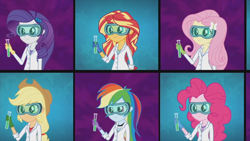 Size: 1366x768 | Tagged: safe, imported from derpibooru, screencap, applejack, fluttershy, pinkie pie, rainbow dash, rarity, sunset shimmer, acadeca, equestria girls, friendship games, clothes, female, goggles, lab coat, medical gloves, rubber gloves, sunset the science gal, test tube