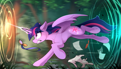 Size: 2400x1384 | Tagged: safe, artist:yakovlev-vad, imported from derpibooru, twilight sparkle, alicorn, pony, rabbit, alice in wonderland, collateral damage, comb, concave belly, female, glowing horn, gotta go fast, kick, magic, mare, now you're thinking with portals, ouch, paper, pocket watch, portal, running, slim, solo, sweat, sweatdrop, thin, twilight sparkle (alicorn), watch