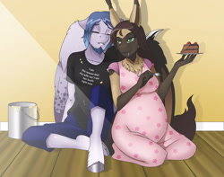 Size: 3242x2550 | Tagged: safe, artist:chacrawarrior, imported from derpibooru, oc, oc only, oc:casey bleu, oc:rasta jam, anthro, bat pony, pegasus, unguligrade anthro, anthro oc, bat pony oc, clothes, fangs, female, husband and wife, male, mare, married couple, paint, paint can, pants, pregnant, shirt, smiling, stallion, unshorn fetlocks