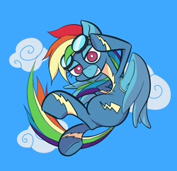 Size: 1392x1343 | Tagged: safe, artist:noupu, imported from derpibooru, rainbow dash, pegasus, pony, clothes, female, flying, goggles, sky, solo, uniform, wonderbolts uniform