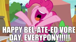 Size: 1280x720 | Tagged: safe, edit, edited screencap, editor:useraccount, imported from derpibooru, screencap, pinkie pie, spike, newbie dash, excessive exclamation marks, image macro, imminent vore, implied vore, meme, pun, vore day