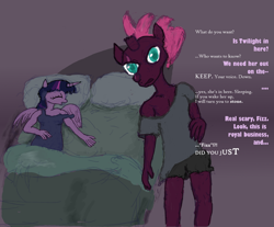 Size: 990x818 | Tagged: safe, artist:nastipone, imported from derpibooru, fizzlepop berrytwist, tempest shadow, twilight sparkle, anthro, bed, bedroom, breasts, clothes, dialogue, female, lesbian, offscreen character, shipping, sleeping, tempestlight, this will end in tears