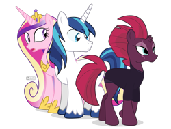 Size: 1125x850 | Tagged: safe, artist:dm29, imported from derpibooru, fizzlepop berrytwist, princess cadance, shining armor, tempest shadow, alicorn, pony, unicorn, broken horn, distracted boyfriend meme, eye scar, female, looking back, male, mare, married couple, mohawk, scar, scared, shiningcadance, shiningshadow, shipping, simple background, stallion, straight, this will end in a night on the couch, transparent background, trio, unshorn fetlocks, walking