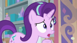 Size: 1280x720 | Tagged: safe, edit, edited screencap, imported from derpibooru, screencap, starlight glimmer, twilight sparkle, alicorn, a matter of principals, animated, book, bottle, chair, chest, close-up, crystal, curtains, desk, display case, duo, duo female, female, hoof on chest, levitation, magic, pillar, rug, school of friendship, sound, table, telekinesis, twilight sparkle (alicorn), twilight's office, webm, window