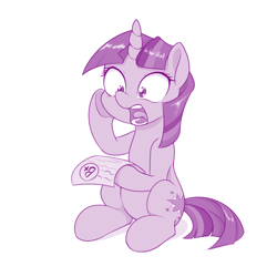 Size: 800x800 | Tagged: safe, artist:dstears, imported from derpibooru, twilight sparkle, pony, unicorn, b+, despair, female, filly, filly twilight sparkle, grades, heartbreak, mare, monochrome, newbie artist training grounds, open mouth, purple, sad, shocked, simple background, solo, this will end in tears, underhoof, unicorn twilight, white background, xk-class end-of-the-world scenario, younger