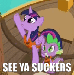 Size: 268x274 | Tagged: safe, edit, edited screencap, imported from derpibooru, screencap, spike, twilight sparkle, alicorn, dragon, pony, ppov, animated, image macro, meme, smile and wave, twilight sparkle (alicorn)