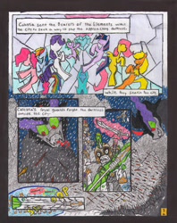 Size: 463x586 | Tagged: safe, artist:oatmeal155, imported from derpibooru, applejack, fluttershy, king sombra, pinkie pie, rainbow dash, rarity, spike, twilight sparkle, comic:oat.meal, comic, crystal heart, frozen north, magic, royal guard, spear, stained glass, sword, telekinesis, traditional art, weapon