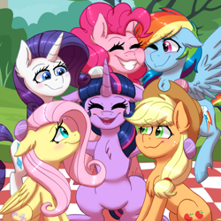 Size: 1200x1200 | Tagged: safe, artist:ghostlymarie, imported from derpibooru, applejack, fluttershy, pinkie pie, rainbow dash, rarity, twilight sparkle, pony, backwards cutie mark, blushing, chest fluff, floppy ears, group hug, hug, mane six, picnic blanket