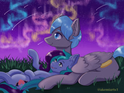 Size: 1024x768 | Tagged: safe, artist:akemiarts1, imported from derpibooru, oc, oc only, oc:layla lovebug, oc:stephen wintre, bat pony, pegasus, pony, bat pony oc, commission, couple, cuddling, romantic, stars, ych result