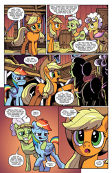 Size: 994x1528 | Tagged: safe, artist:pencils, idw, imported from derpibooru, apple rose, applejack, auntie applesauce, goldie delicious, granny smith, rainbow dash, earth pony, pegasus, pony, spoiler:comic, spoiler:comic70, barn, comic, evil grin, faic, female, grin, mare, official comic, preview, smiling, smug, smugdash, speech bubble