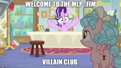 Size: 888x499 | Tagged: safe, edit, edited screencap, imported from derpibooru, screencap, cozy glow, starlight glimmer, pegasus, pony, marks for effort, duo, female, filly, guidance counselor, image macro, imgflip, meme, she's evil