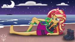 Size: 6830x3840 | Tagged: safe, alternate version, artist:legendaryspider, imported from derpibooru, smooze, sunset shimmer, equestria girls, bags under eyes, barefoot, beach, bittersweet, boots, clothes, cloud, crying, feet, female, goodbye, high heel boots, jacket, leather, leather jacket, legs, messy hair, moon, night, sad, shoes, skirt, stars, tentacles