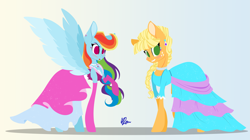 Size: 3931x2206 | Tagged: safe, artist:donnie-moon, imported from derpibooru, applejack, rainbow dash, simple ways, too many pinkie pies, applejack also dresses in style, blushing, braid, clothes, dress, ear piercing, earring, jewelry, model, modeling, piercing, ponytail, rainbow dash always dresses in style, tomboy taming