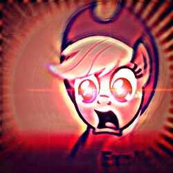 Size: 250x250 | Tagged: safe, editor:binkyt11, imported from derpibooru, applejack, pony, derpibooru, deep fried meme, eyestrain warning, female, glowing eyes, glowing eyes meme, low quality, meme, meta, meta:explicit, needs more jpeg, screaming, solo, wat