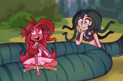 Size: 1024x674 | Tagged: safe, artist:wubcakeva, imported from derpibooru, oc, oc only, oc:medusa, oc:mezma, gorgon, lamia, medusa, original species, equestria girls, clothes, crossed legs, equestria girls-ified, human coloration, open mouth