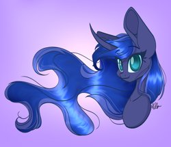 Size: 3000x2574 | Tagged: safe, artist:donnie-moon, imported from derpibooru, princess luna, pony, big ears, bust, colored pupils, curved horn, female, gradient background, horn, huge ears, looking at you, mare, redraw, smiling, solo, windswept mane