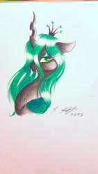 Size: 1024x1821 | Tagged: safe, artist:skyggetheumbrum, imported from derpibooru, queen chrysalis, changeling, changeling queen, crown, fangs, female, floppy ears, jewelry, lidded eyes, looking at you, regalia, simple background, solo, tiara, traditional art, white background