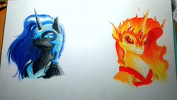 Size: 4730x2660 | Tagged: safe, artist:skyggetheumbrum, imported from derpibooru, daybreaker, nightmare moon, pony, bust, duo, female, helmet, jewelry, lidded eyes, looking at you, mane of fire, mare, regalia, traditional art