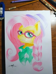 Size: 1600x2133 | Tagged: safe, artist:skyggetheumbrum, imported from derpibooru, fluttershy, pony, fake it 'til you make it, alternate hairstyle, braid, bust, female, glasses, hat, hipstershy, mare, obtrusive watermark, solo, traditional art, watermark