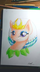 Size: 1600x2845 | Tagged: safe, artist:skyggetheumbrum, imported from derpibooru, somnambula, pony, bust, female, headdress, mare, obtrusive watermark, smiling, solo, traditional art, watermark