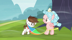 Size: 1280x720 | Tagged: safe, imported from derpibooru, screencap, cozy glow, pipsqueak, pegasus, pony, marks for effort, bow, coat markings, colt, female, filly, foal, hair bow, kite, male, one eye closed, pinto, ringlets, tail bow, wind, windswept mane
