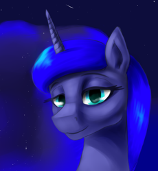 Size: 2480x2700 | Tagged: safe, artist:dukevonkessel, imported from derpibooru, princess luna, alicorn, pony, bust, ethereal mane, female, lidded eyes, looking at you, portrait, smiling, solo, stars