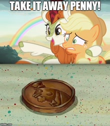 Size: 500x570 | Tagged: safe, edit, edited screencap, imported from derpibooru, screencap, applejack, autumn blaze, kirin, sounds of silence, spoiler:s08, cloven hooves, i had an accident, penny, spongebob squarepants