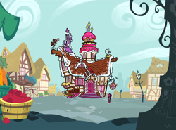 Size: 2688x1987 | Tagged: safe, alternate version, artist:underwoodart, imported from derpibooru, apple, carrot, cloud, comic panel, day, food, mailbox, no pony, ponyville, scene interpretation, scenery, show accurate, sign, streetlight, sugarcube corner, vegetables