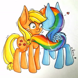Size: 2461x2461 | Tagged: safe, artist:zikosia, imported from derpibooru, applejack, rainbow dash, appledash, brush, cute, female, floating heart, heart, lesbian, love, missing accessory, seduction, seductive, shipping, tail seduce, traditional art