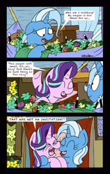 Size: 2015x3196 | Tagged: safe, artist:bobthedalek, imported from derpibooru, starlight glimmer, trixie, pony, unicorn, road to friendship, boop, comic, cozy, cuddling, duo, female, flower, hammock, hug, inconvenient trixie, mare, non-consensual cuddling, noseboop, personal space invasion, trixie's wagon
