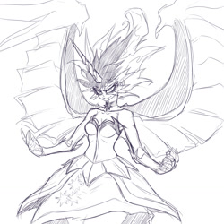 Size: 1280x1280 | Tagged: safe, artist:kaikoinu, imported from derpibooru, sci-twi, twilight sparkle, equestria girls, breasts, cleavage, clothes, dress, female, gloves, magic, midnight sparkle, monochrome, solo, spread wings, wings