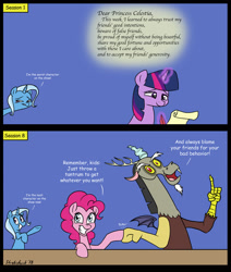 Size: 1387x1634 | Tagged: safe, artist:strebiskunk, imported from derpibooru, discord, pinkie pie, trixie, twilight sparkle, draconequus, earth pony, pony, unicorn, season 1, season 8, comic, dialogue, fist bump, letter, mouthpiece, quill, scroll