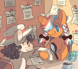 Size: 1094x966 | Tagged: artist needed, safe, imported from derpibooru, oc, oc only, oc:ember, oc:ember (hwcon), unnamed oc, earth pony, pony, cup, duo, dutch cap, female, glasses, hat, hearth's warming con, hoof hold, magnifying glass, male, mare, mascot, netherlands, one eye closed, stallion, tongue out, underhoof